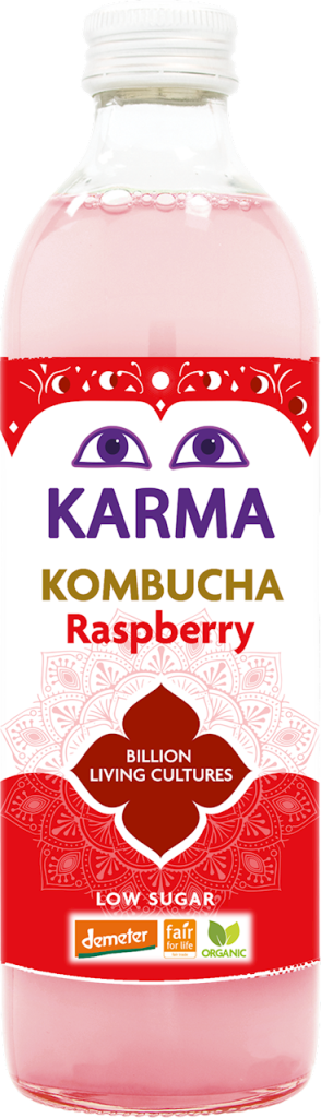 KOMBUCHA O SMAKU MALINOWYM NISKA ZAWARTOŚĆ CUKRÓW FAIR FOR LIFE DEMETER BIO 500 ml – KARMA KOMBUCHA