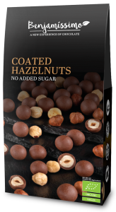 ORZECHY LASKOWE W CZEKOLADZIE PRALINOWEJ BEZ DODATKU CUKRÓW BEZGLUTENOWE BIO 60 g - BENJAMISSIMO