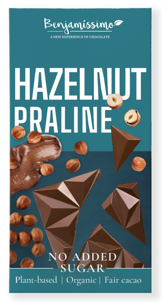 CZEKOLADA Z ORZECHAMI LASKOWYMI BEZ DODATKU CUKRÓW BEZGLUTENOWA BIO 60 g – BENJAMISSIMO