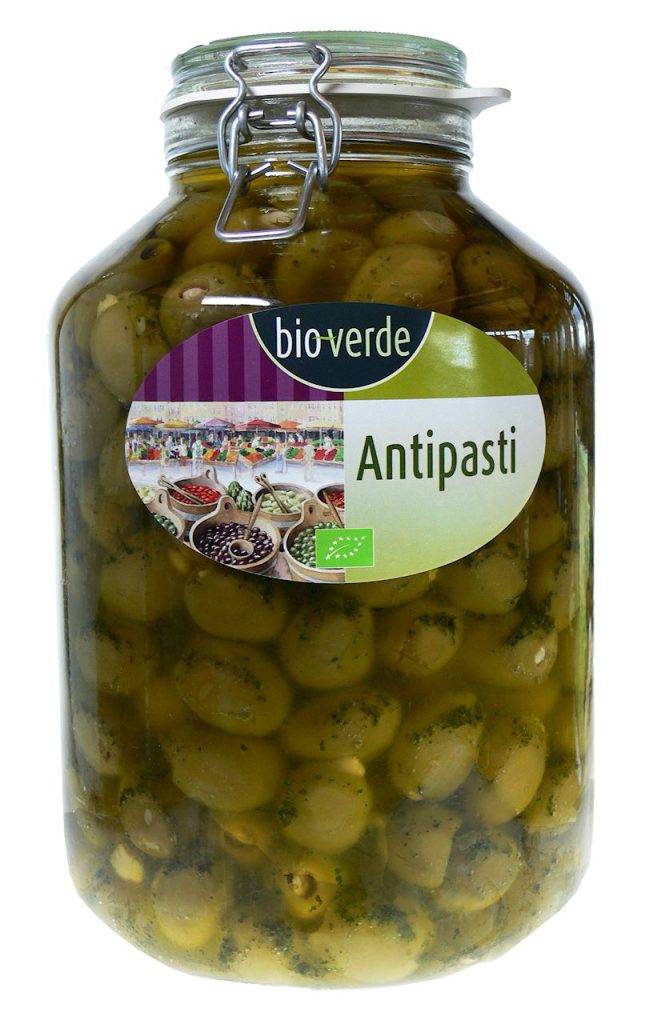 OLIWKI ZIELONE NADZIEWANE CZOSNKIEM BIO 4,75 kg (SŁOIK) – BIO VERDE