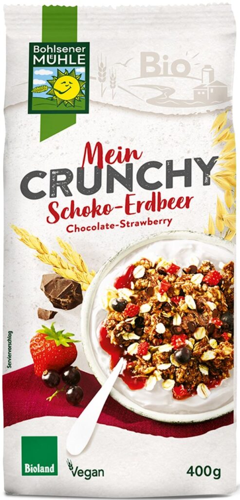 CRUNCHY CZEKOLADOWE Z TRUSKAWKAMI I CZARNĄ PORZECZKĄ BIO 400 g – BOHLSENER MUEHLE