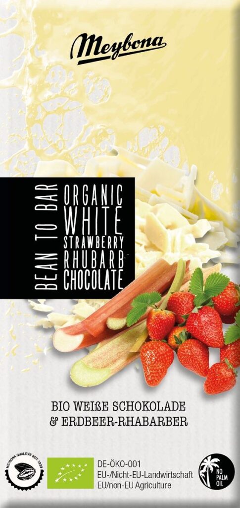 CZEKOLADA BIAŁA Z TRUSKAWKAMI I RABARBAREM BIO 100 g – MEYBONA