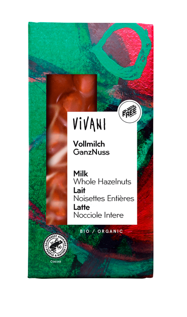 CZEKOLADA MLECZNA Z CAŁYMI ORZECHAMI LASKOWYMI BIO 100 g – VIVANI