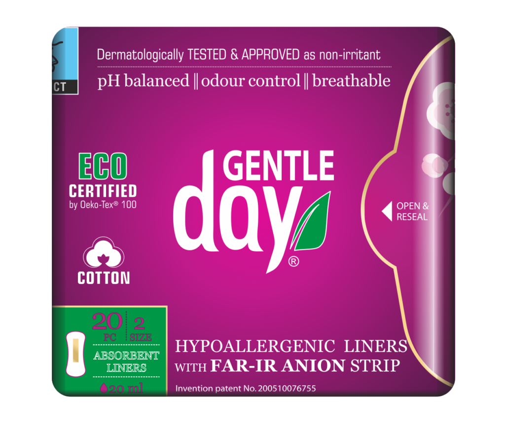 WKŁADKI HIGIENICZNE Z PASKIEM ANIONOWYM I WARSTWĄ WCHŁANIAJĄCĄ WILGOĆ 20 szt. – GENTLE DAY