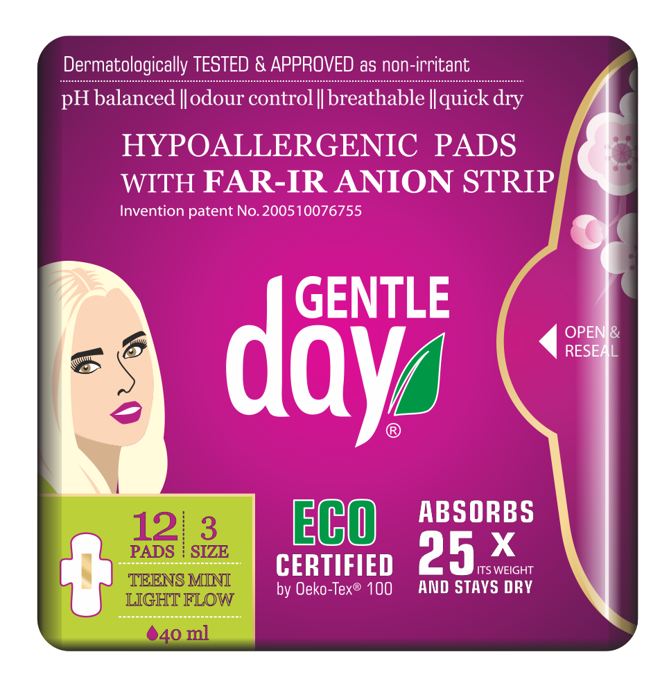 PODPASKI HIGIENICZNE MINI Z PASKIEM ANIONOWYM (TEENS) 12 szt. – GENTLE DAY