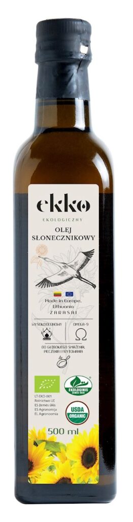 OLEJ SŁONECZNIKOWY DO GOTOWANIA I SMAŻENIA TŁOCZONY NA ZIMNO BIO 500 ml – EKKO