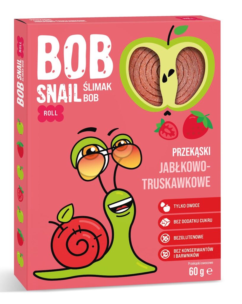 PRZEKĄSKA ROLL JABŁKO – TRUSKAWKA BEZ DODATKU CUKRÓW BEZGLUTENOWA 60 g – BOB SNAIL