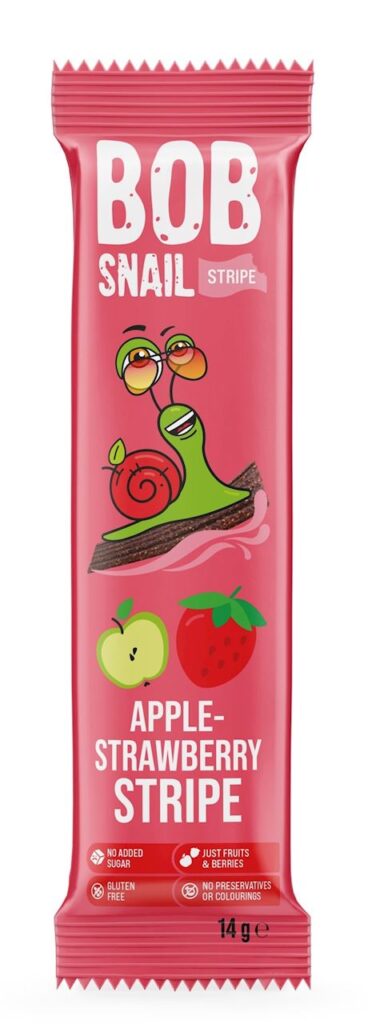 PRZEKĄSKA STRIPE JABŁKO – TRUSKAWKA BEZ DODATKU CUKRÓW BEZGLUTENOWA 14 g – BOB SNAIL