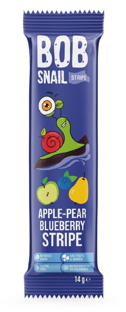 PRZEKĄSKA STRIPE JABŁKO – GRUSZKA – BORÓWKA BEZ DODATKU CUKRÓW BEZGLUTENOWA 14 g – BOB SNAIL