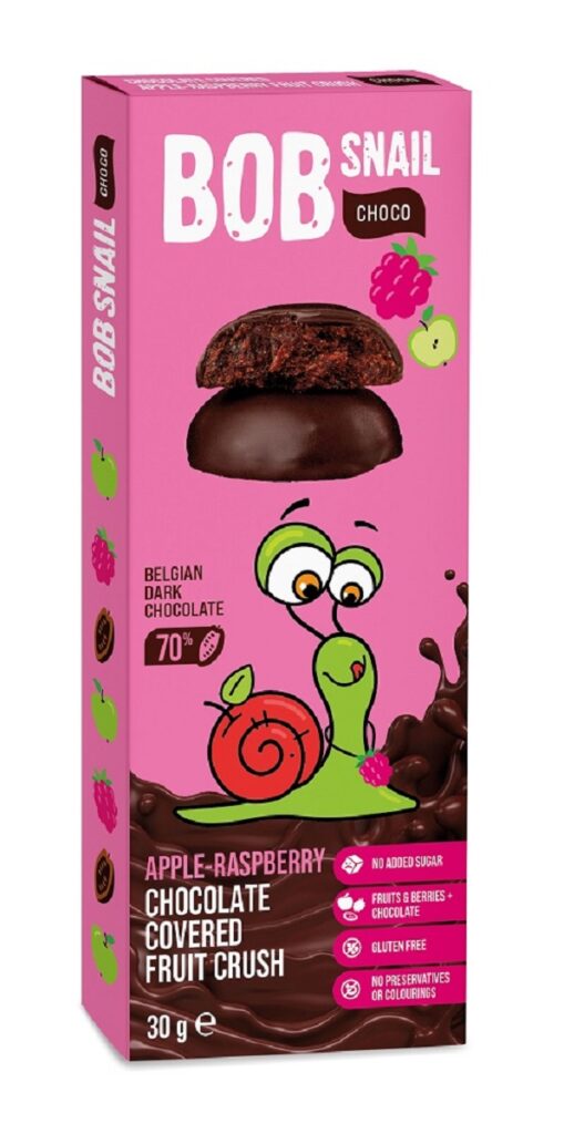 PRZEKĄSKA CHOCO JABŁKO – MALINA W CIEMNEJ CZEKOLADZIE BELGIJSKIEJ BEZ DODATKU CUKRÓW BEZGLUTENOWA 30 g – BOB SNAIL