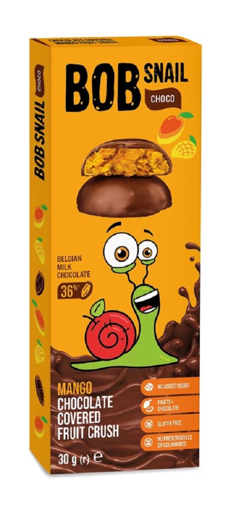 PRZEKĄSKA CHOCO MANGO W MLECZNEJ CZEKOLADZIE BELGIJSKIEJ BEZ DODATKU CUKRÓW BEZGLUTENOWA 30 g – BOB SNAIL