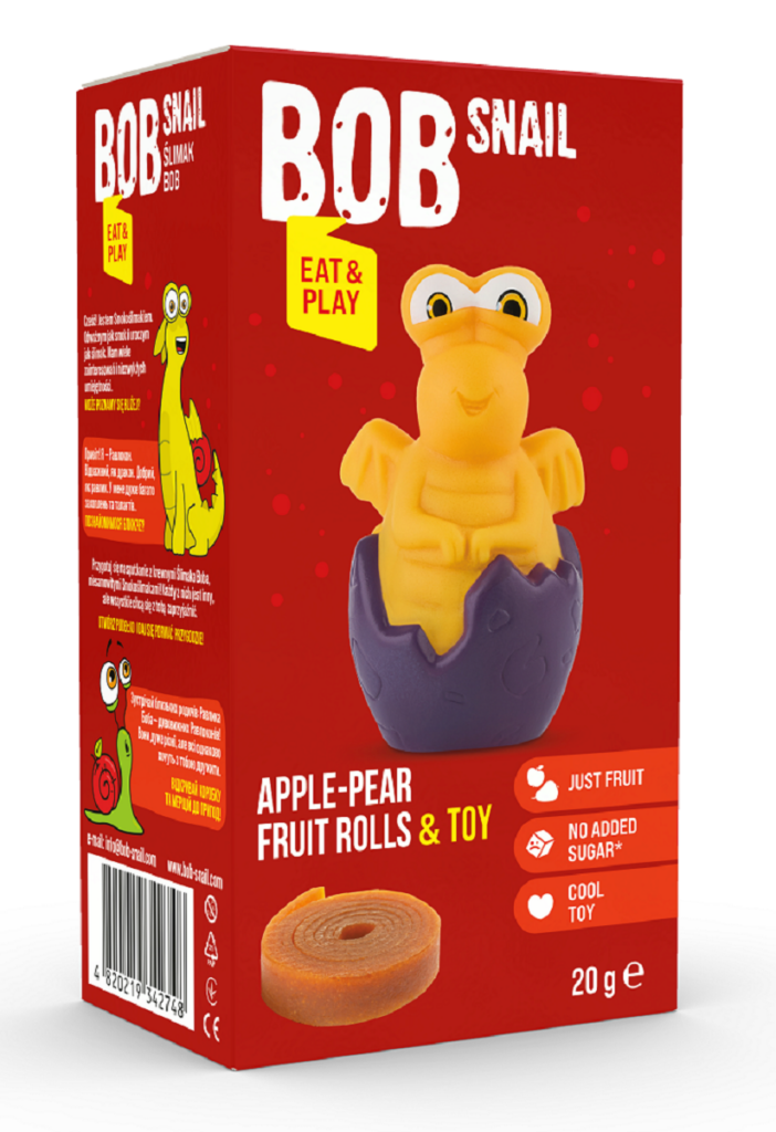PRZEKĄSKA ROLL EAT & PLAY JABŁKO – GRUSZKA Z ZABAWKĄ BEZGLUTENOWA 20 g – BOB SNAIL