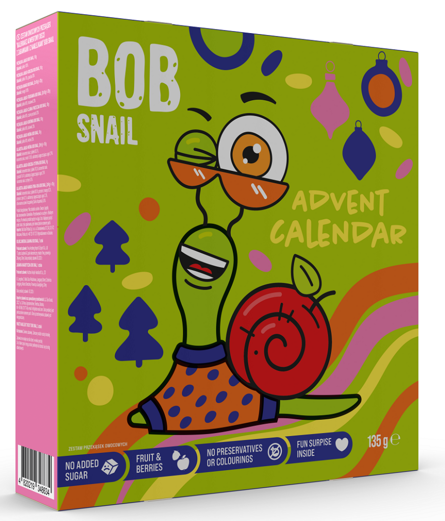 KALENDARZ ADWENTOWY – PRZEKĄSKI I GALARETKI OWOCOWE Z ZABAWKAMI BEZGLUTENOWE 135 g – BOB SNAIL (PRODUKT SEZONOWY)