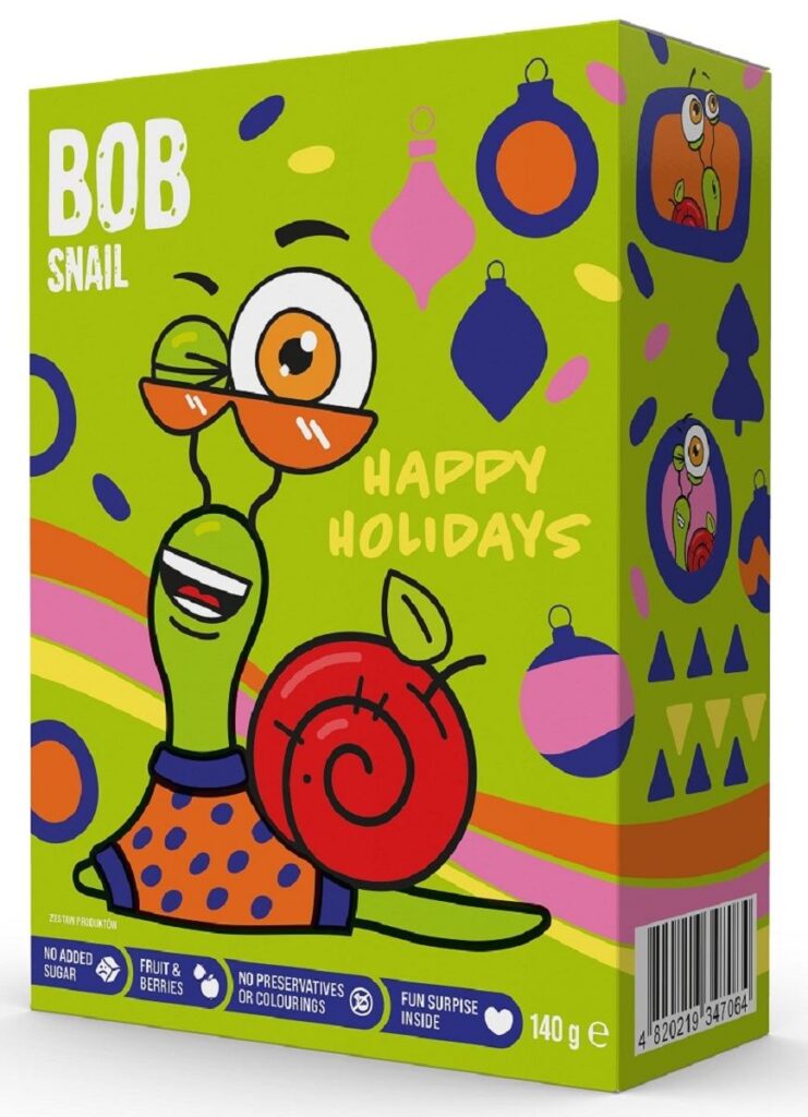 ZESTAW ŚWIĄTECZNY – PRZEKĄSKI OWOCOWE Z ZABAWKĄ I NAKLEJKĄ BEZGLUTENOWE 140 g – BOB SNAIL (PRODUKT SEZONOWY)