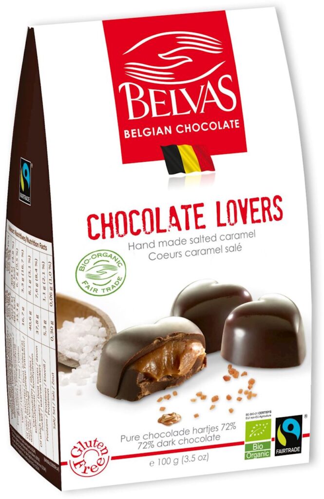 CZEKOLADKI BELGIJSKIE SERCA Z KARMELEM I SOLĄ MORSKĄ FAIR TRADE BEZGLUTENOWE BIO 100 g – BELVAS