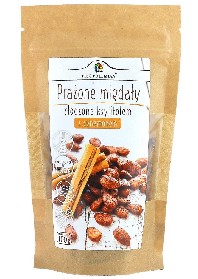 MIGDAŁY PRAŻONE Z CYNAMONEM SŁODZONE KSYLITOLEM BEZGLUTENOWE 100 g – PIĘĆ PRZEMIAN