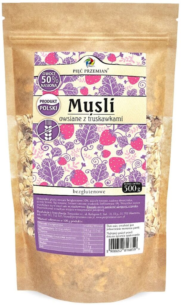 MUSLI OWSIANE TRUSKAWKOWE BEZ DODATKU CUKRÓW BEZGLUTENOWE 500 g – PIĘĆ PRZEMIAN
