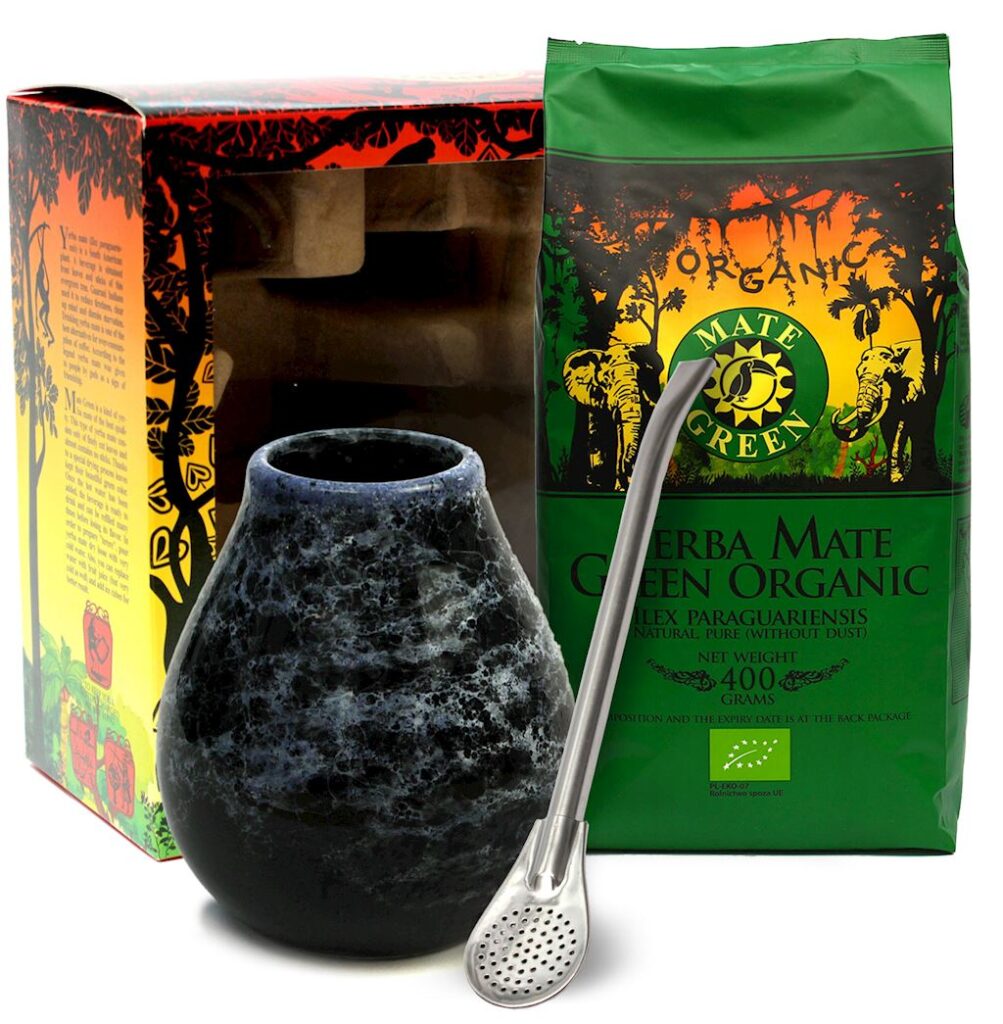 ZESTAW YERBA MATE BIO 400 g, MATERO (LOSOWY WZÓR), BOMBILLA – ORGANIC MATE GREEN