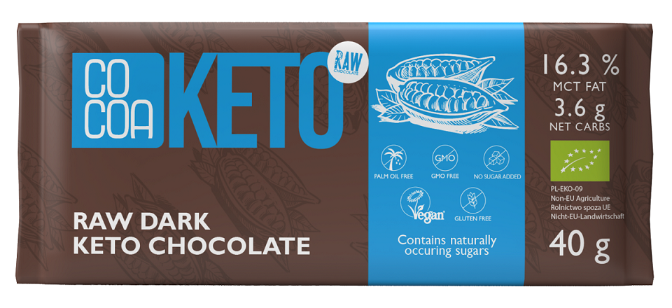 CZEKOLADA Z OLEJEM MCT BEZ DODATKU CUKRÓW BEZGLUTENOWA KETO BIO 40 g – COCOA