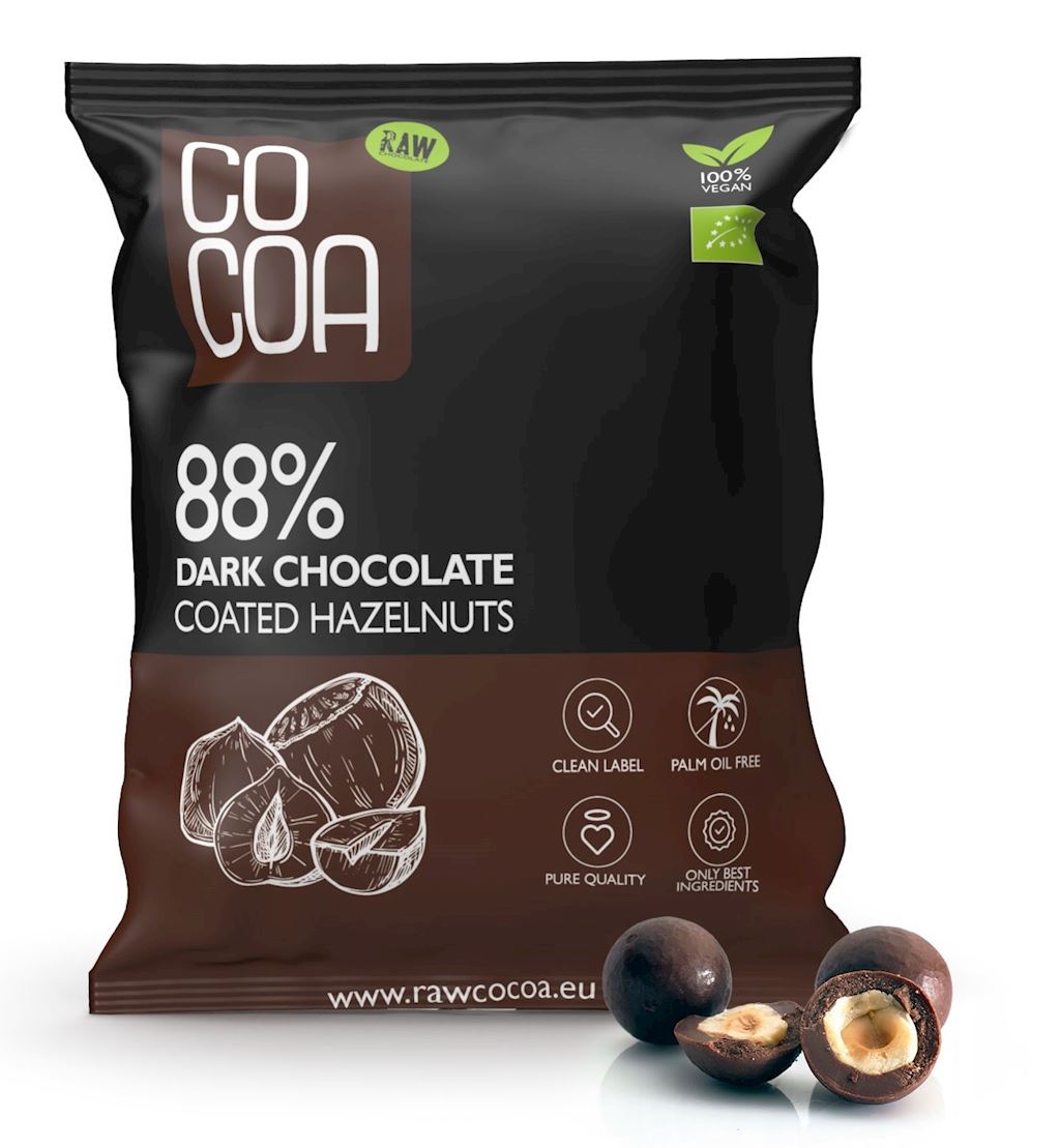ORZECHY LASKOWE W CZEKOLADZIE CIEMNEJ 88 % BIO 70 g - COCOA