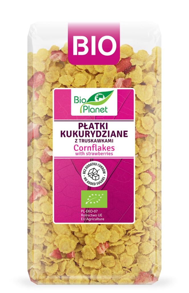 PŁATKI KUKURYDZIANE Z TRUSKAWKAMI BEZ DODATKU CUKRÓW BIO 250 g – BIO PLANET