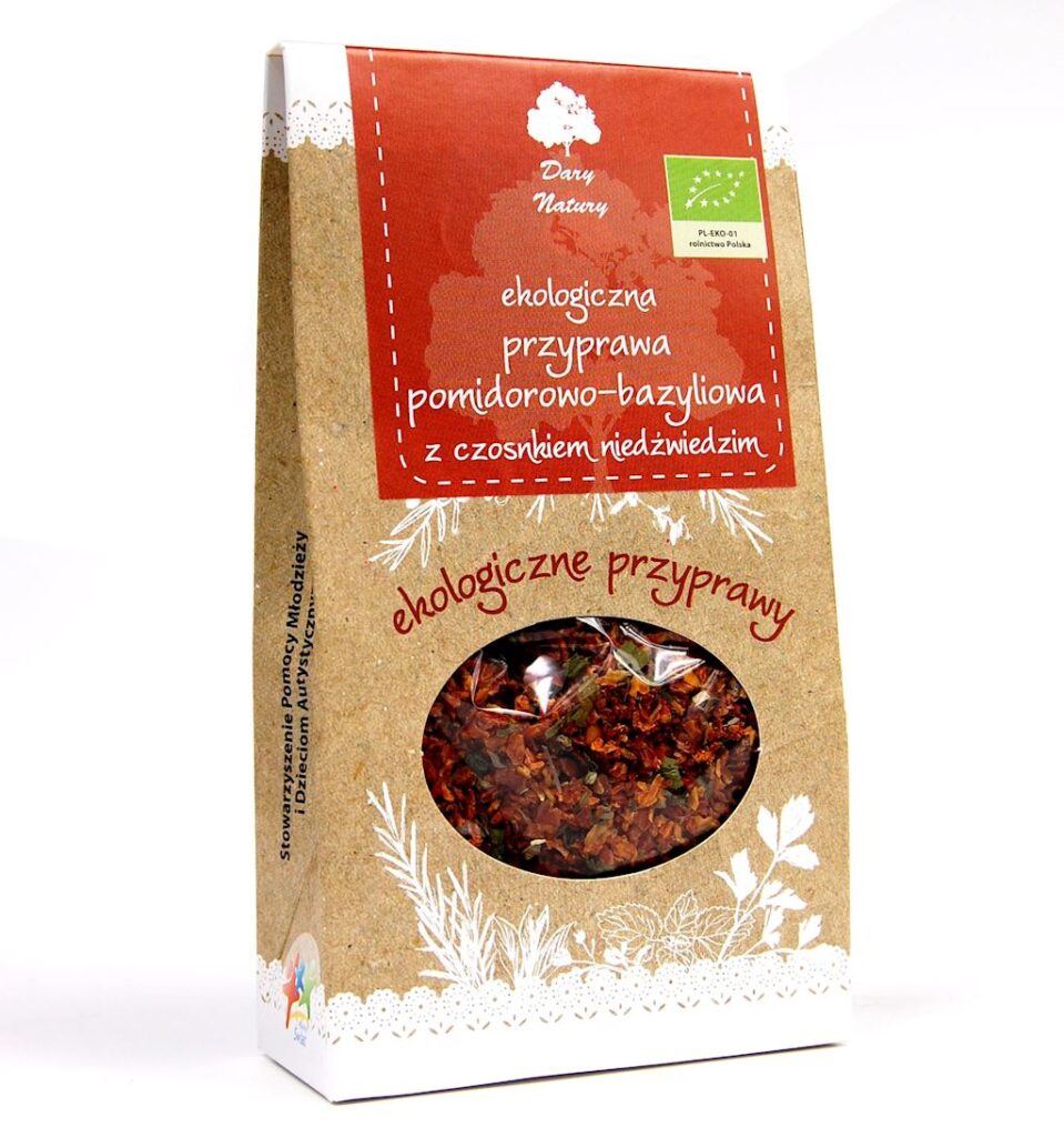 PRZYPRAWA POMIDOROWO – BAZYLIOWA Z CZOSNKIEM NIEDŹWIEDZIM BIO 40 g – DARY NATURY