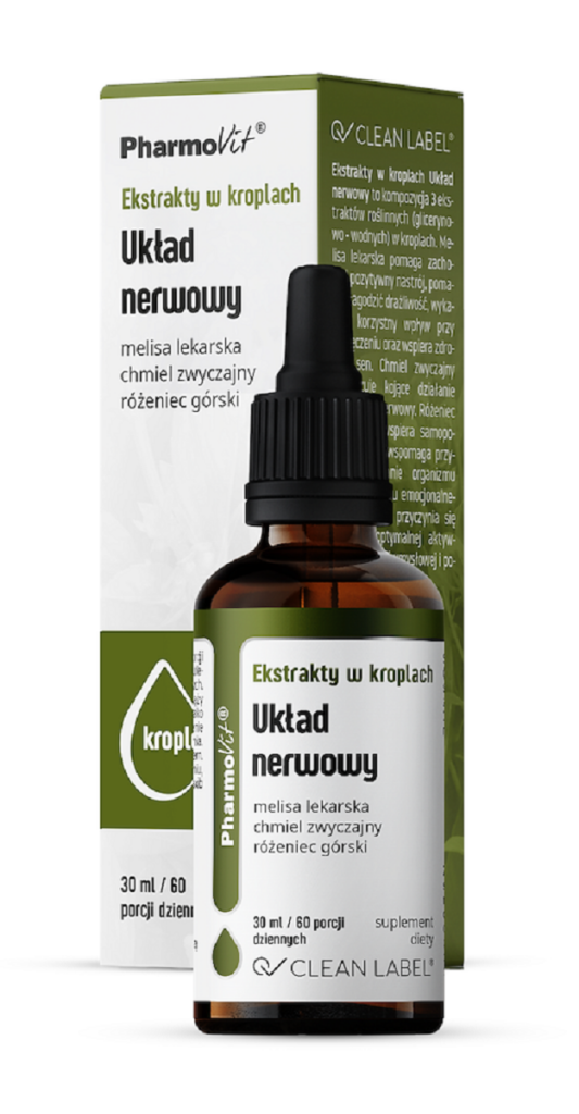 EKSTRAKTY W KROPLACH NA UKŁAD NERWOWY BEZGLUTENOWE 30 ml – PHARMOVIT (CLEAN LABEL)