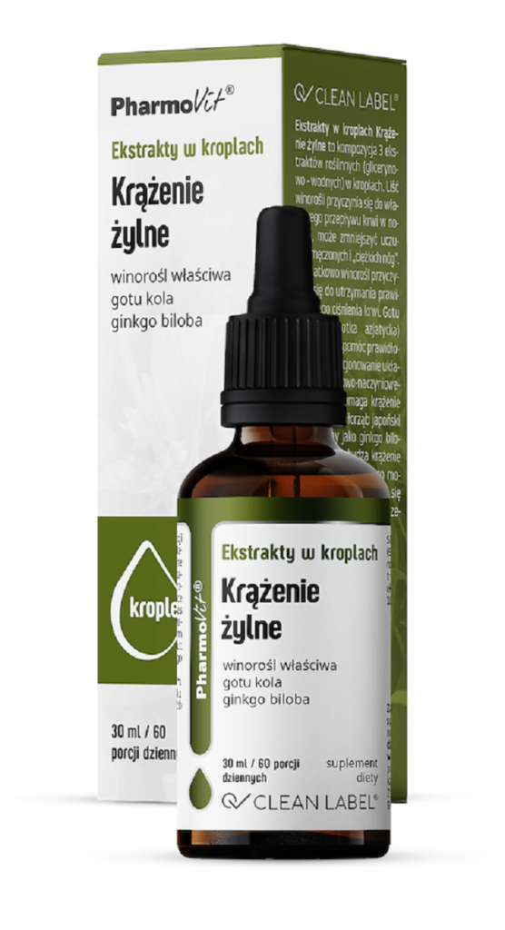EKSTRAKTY W KROPLACH NA PRAWIDŁOWE KRĄŻENIE ŻYLNE BEZGLUTENOWE 30 ml – PHARMOVIT (CLEAN LABEL)