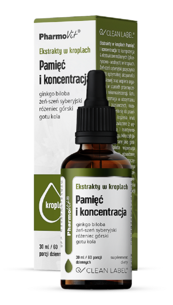 EKSTRAKTY W KROPLACH NA PAMIĘĆ I KONCENTRACJĘ BEZGLUTENOWE 30 ml – PHARMOVIT (CLEAN LABEL)