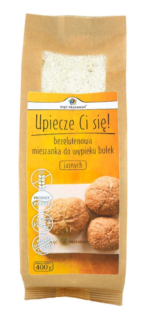 MIESZANKA DO WYPIEKU BUŁEK JASNYCH BEZ DODATKU CUKRÓW BEZGLUTENOWA 400 g – PIĘĆ PRZEMIAN