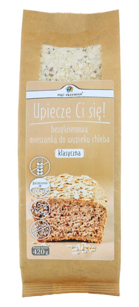 MIESZANKA DO WYPIEKU CHLEBA KLASYCZNA BEZ DODATKU CUKRÓW BEZGLUTENOWA 420 g – PIĘĆ PRZEMIAN