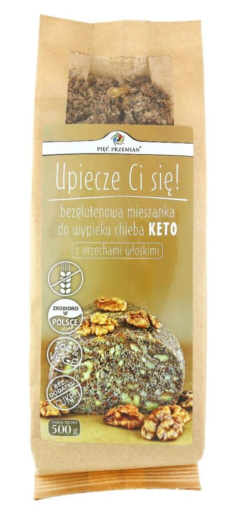 MIESZANKA DO WYPIEKU CHLEBA Z ORZECHAMI WŁOSKIMI BEZ DODATKU CUKRÓW BEZGLUTENOWA KETO 500 g – PIĘĆ PRZEMIAN