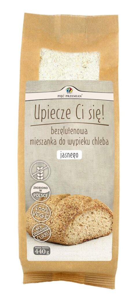 MIESZANKA DO WYPIEKU CHLEBA JASNEGO BEZ DODATKU CUKRÓW BEZGLUTENOWA 440 g – PIĘĆ PRZEMIAN