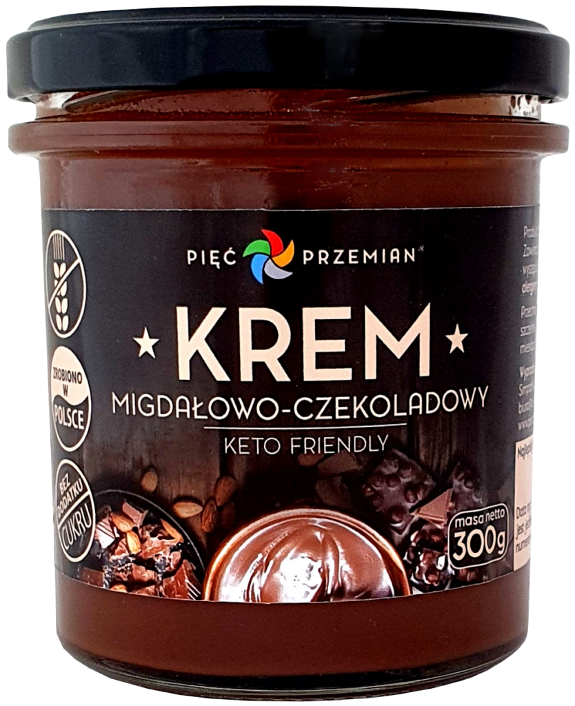 KREM MIGDAŁOWO – CZEKOLADOWY BEZ DODATKU CUKRÓW BEZGLUTENOWY KETO 300 g – PIĘĆ PRZEMIAN
