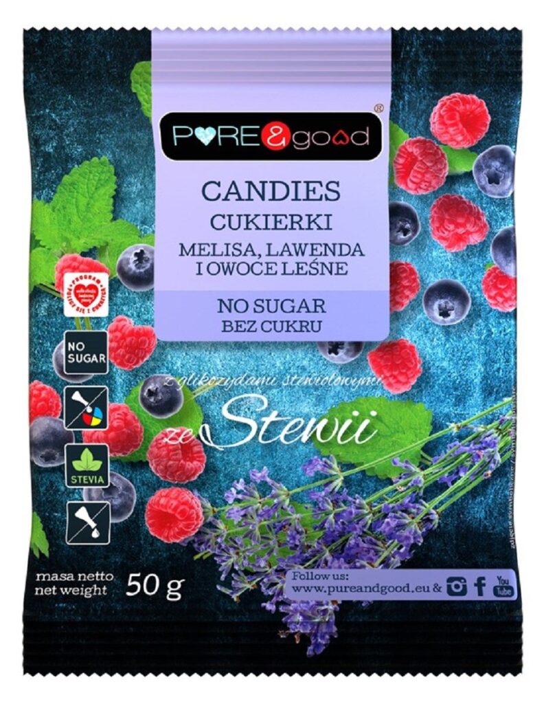 CUKIERKI Z MELISĄ, LAWENDĄ I OWOCAMI LEŚNYMI ZE STEWIĄ BEZ CUKRU 50 g – PURE&GOOD