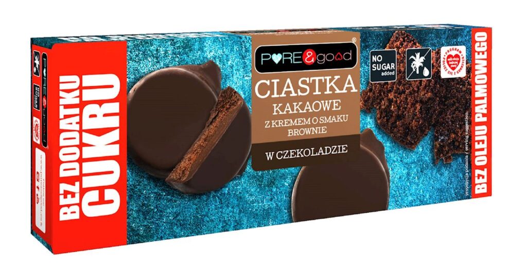 CIASTKA KAKAOWE Z KREMEM O SMAKU BROWNIE W CZEKOLADZIE DESEROWEJ BEZ DODATKU CUKRÓW 128 g – PURE&GOOD