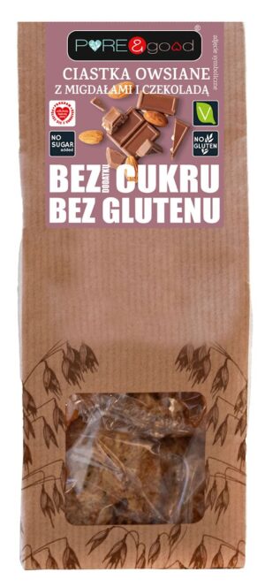 CIASTKA OWSIANE Z MIGDAŁAMI I CZEKOLADĄ BEZ DODATKU CUKRÓW BEZGLUTENOWE 150 g - PURE&GOOD