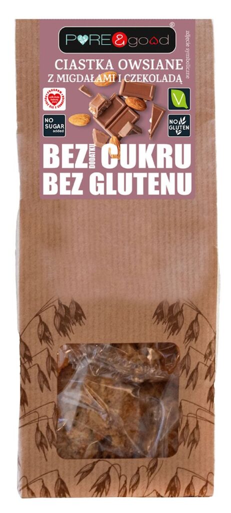 CIASTKA OWSIANE Z MIGDAŁAMI I CZEKOLADĄ BEZ DODATKU CUKRÓW BEZGLUTENOWE 150 g – PURE&GOOD