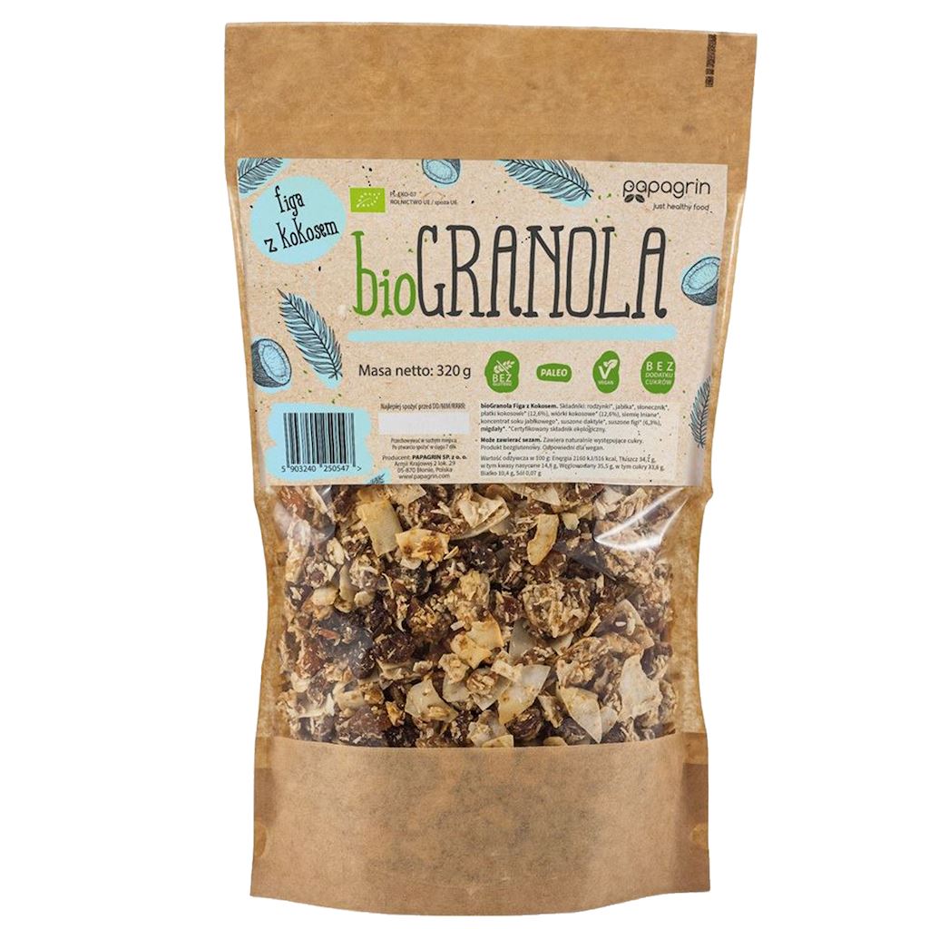 GRANOLA FIGA Z KOKOSEM BEZ DODATKU CUKRÓW BEZGLUTENOWA BIO 320 g – PAPAGRIN
