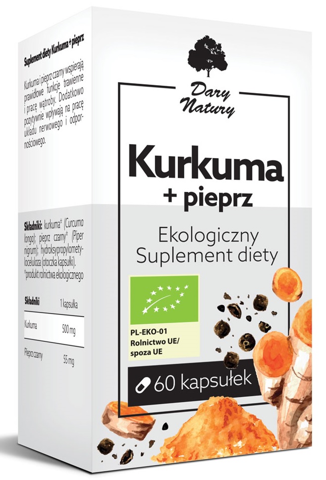 KURKUMA Z CZARNYM PIEPRZEM BIO 60 KAPSUŁEK – DARY NATURY