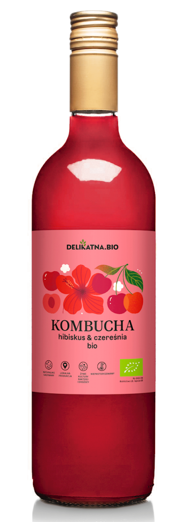 KOMBUCHA HIBISKUS I CZEREŚNIA BIO 750 ml – DELIKATNA