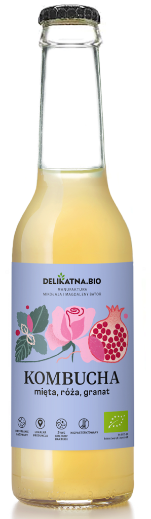 KOMBUCHA Z MIĘTĄ, RÓŻĄ I GRANATEM BIO 270 ml – DELIKATNA