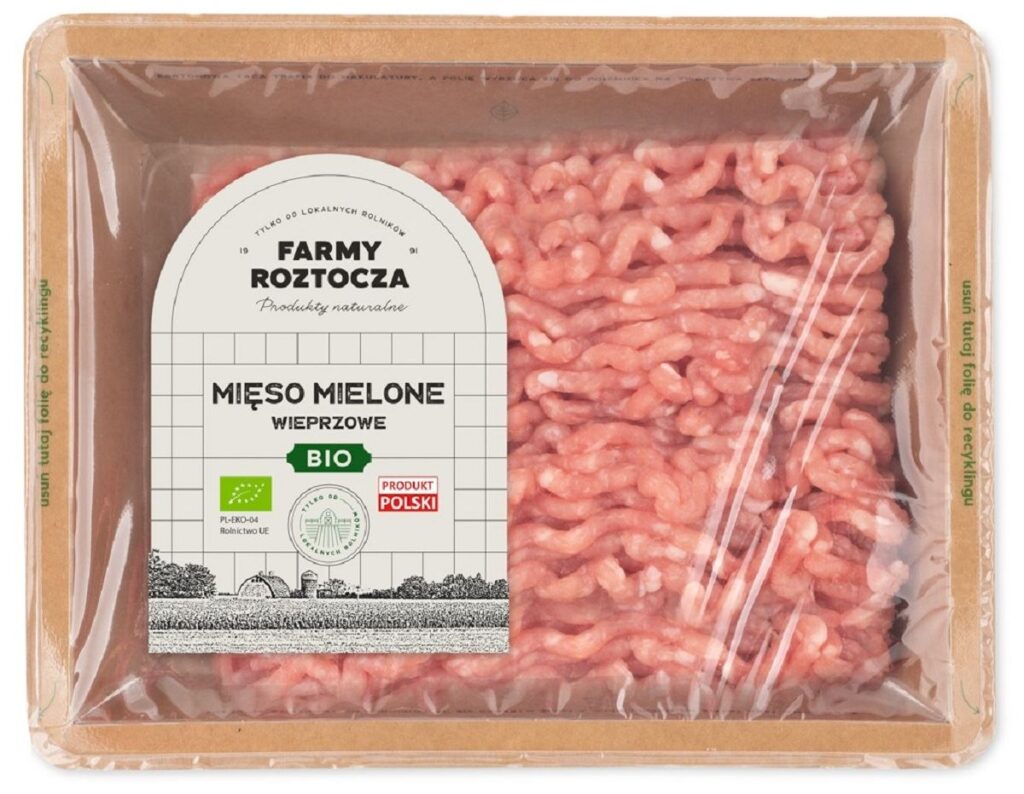 MIĘSO MIELONE WIEPRZOWE SUROWE BIO 300 g – FARMY ROZTOCZA (NA ZAMÓWIENIE)