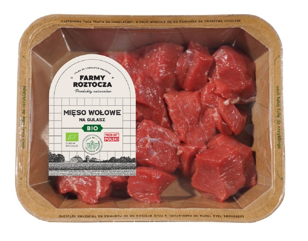MIĘSO GULASZOWE WOŁOWE SUROWE BIO 300 g – FARMY  ROZTOCZA (NA ZAMÓWIENIE)