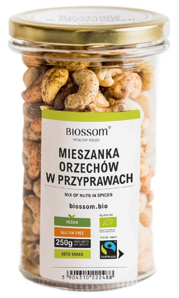 MIX ORZECHÓW W PRZYPRAWACH FAIR TRADE BEZGLUTENOWE BIO 250 g – BIOSSOM