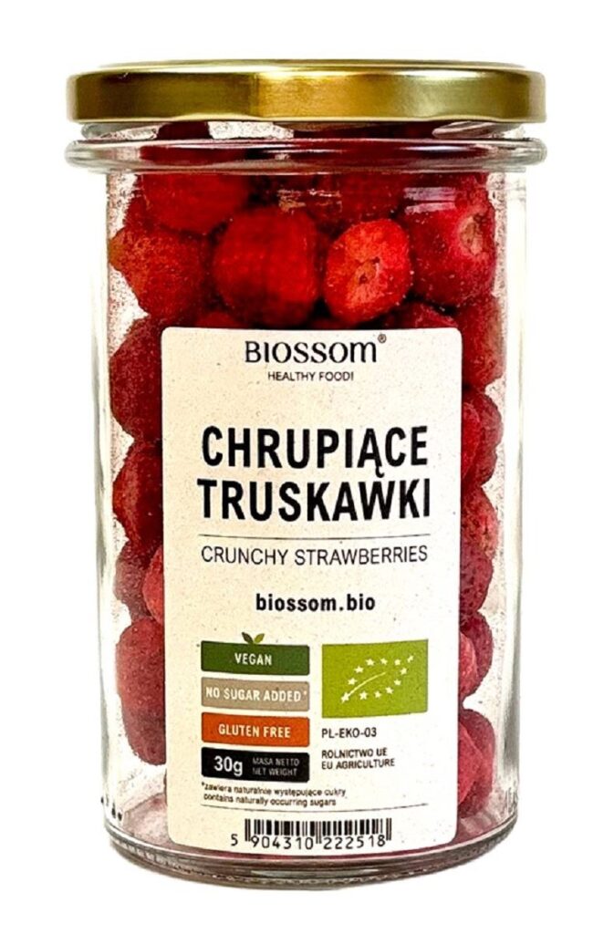 TRUSKAWKI LIOFILIZOWANE CHRUPIĄCE BEZGLUTENOWE BIO 30 g – BIOSSOM