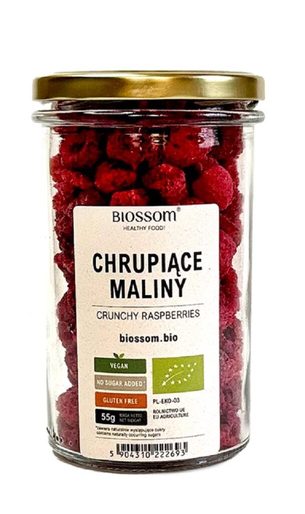 MALINY LIOFILIZOWANE CHRUPIĄCE  BEZGLUTENOWE BIO 55 g – BIOSSOM