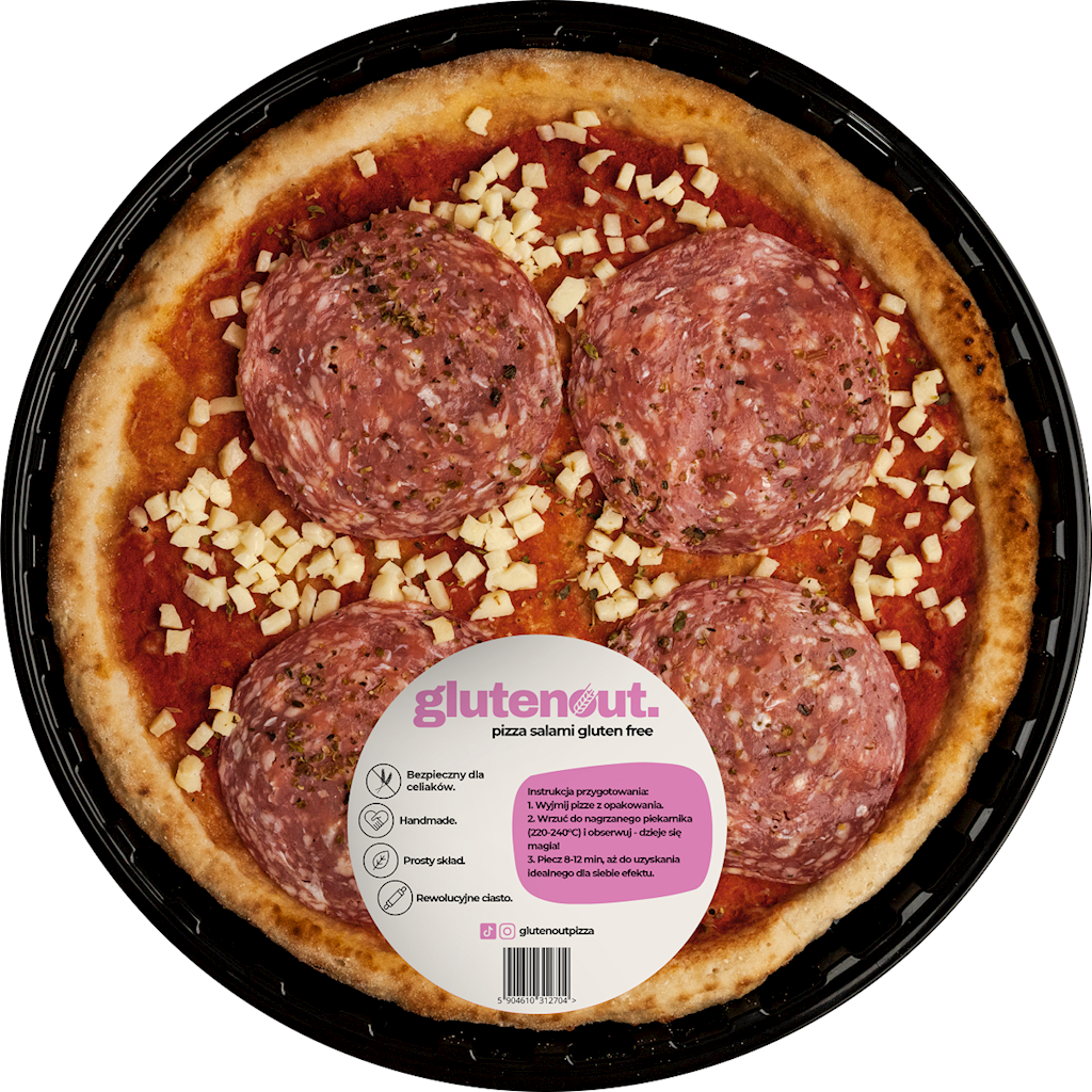 PIZZA Z SEREM MOZZARELLA I KIEŁBASĄ SALAMI BEZGLUTENOWA 330 g – GLUTEN OUT