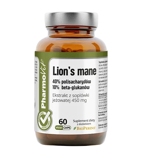 GRZYBY SOPLÓWKA JEŻOWATA (LION’S MANE) EKSTRAKT (450 mg) BEZGLUTENOWY 60 KAPSUŁEK – PHARMOVIT (CLEAN LABEL)