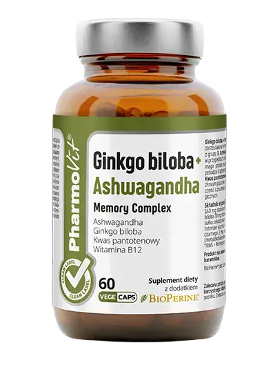 GINKGO BILOBA + ASHWAGANDHA MEMORY COMPLEX BEZGLUTENOWE 60 KAPSUŁEK – PHARMOVIT (CLEAN LABEL)